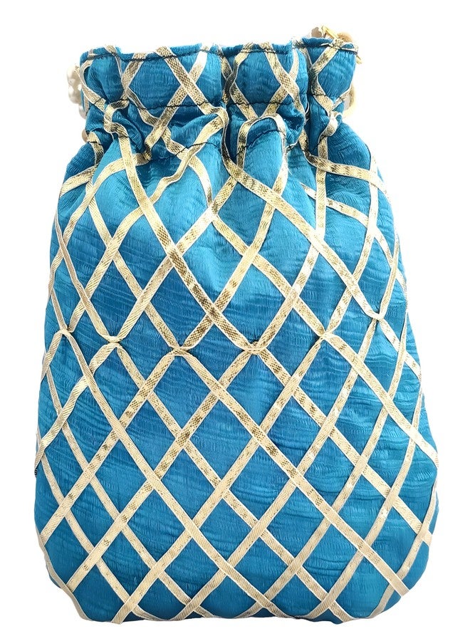 DUCHESS Women's Gota Patti Blue Potli Bag Purse with Pearl Handle (Pack of 2) - Image 4